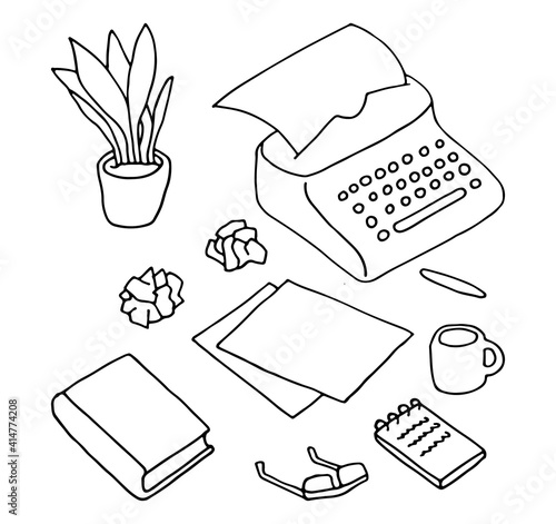 Writer editor journalist or copywriter workspace. Doodle style. Typewriter, sheets of paper, book, notebook, flower. The torment of creativity. Vector EPS 10