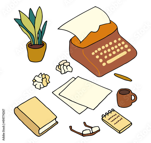 Writer editor journalist or copywriter workspace. Typewriter, sheets of paper, book, notebook, flower. The torment of creativity. Vector EPS 10