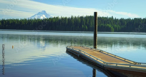 Timothy Lake dock with Mt. Hood in distance, wide