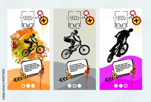 Active young men doing tricks on a bicycle, extreme sport concept. Sport background ready for poster or banner, vector