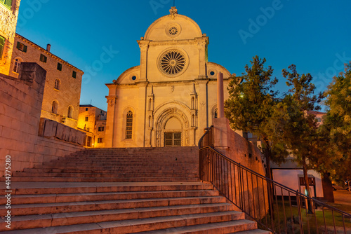 Night view of staircase leading to the Saint James cathedral in Sibenik, Croatia photo