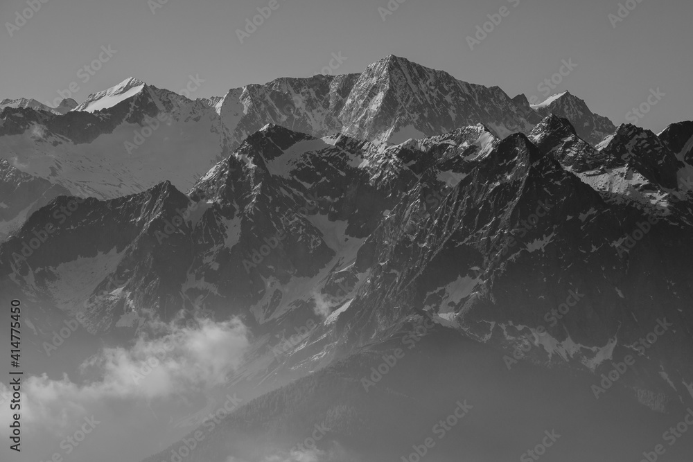 Mountain Panorama in Black and White with the Adamello Peak, Lombardy, Italy 