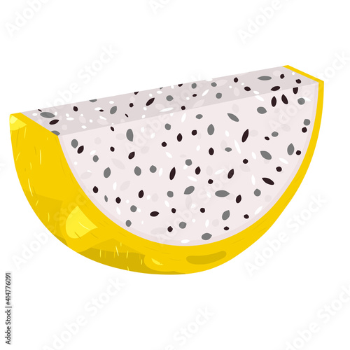 Fresh cut slice yellow pitaya fruits isolated on white background. Summer fruits for healthy lifestyle. Organic fruit. Cartoon style. Vector illustration for any design.