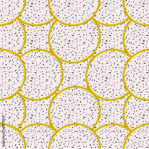 Seamless pattern with fresh half cut yellow pitaya fruits isolated on white background. Summer fruits for healthy lifestyle. Organic fruit. Cartoon style. Vector illustration for any design.