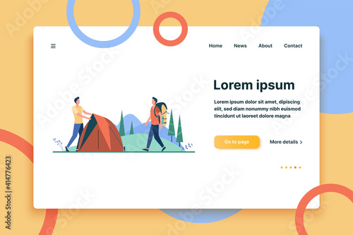 Two tourists pitching tent on meadow. Forest, nature. Flat vector illustration. Camping concept can be used for presentations, banner, website design, landing web page