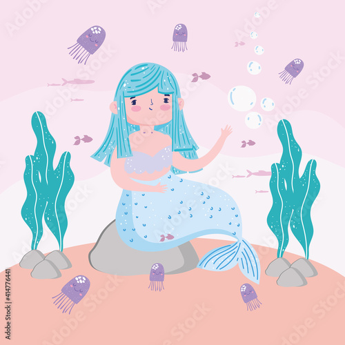 Mermaid sitting on rock with jellyfishes cartoon