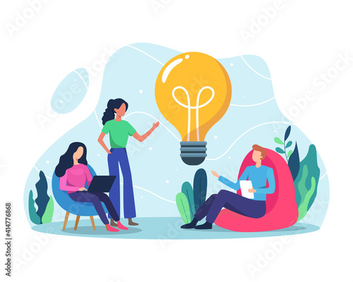 Business idea concept illustration. Bring ideas together, Teamwork and startup concept. Business team working together brainstorming discussing ideas for project. Vector in a flat style photo