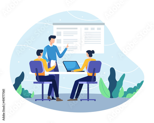 Vector illustration of Planning a business. Management team, Presentation project, Teamwork and startup concept. Concept of business workflow. Vector in a flat style