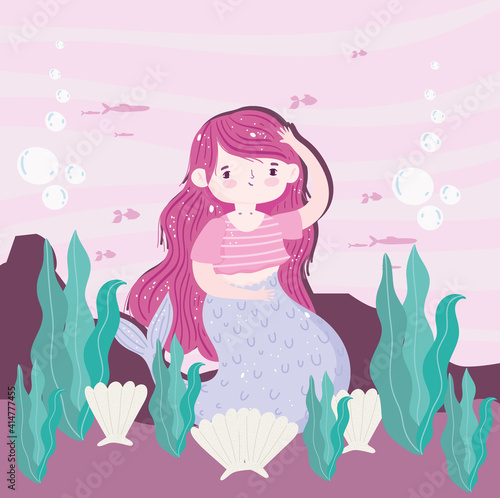 Mermaid seashells seaweeds bottom ocean cartoon