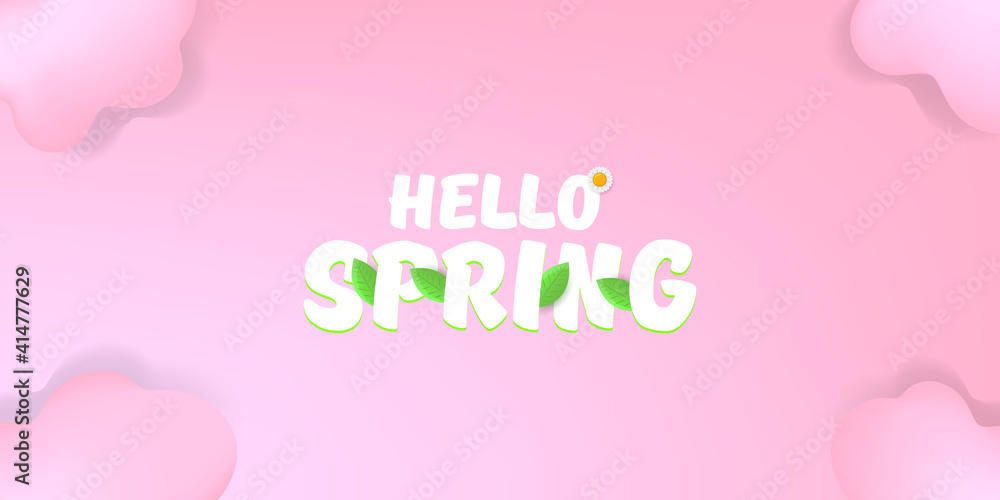 vector hello spring pink horizontal banner with text and flowers on soft pink sky background with pink clouds. hello spring slogan or label isolated on pink background
