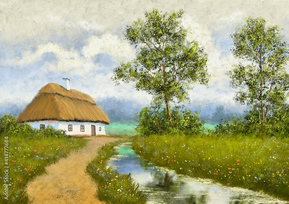 Oil paintings rural landscape, old village, house on the river. Fine art.