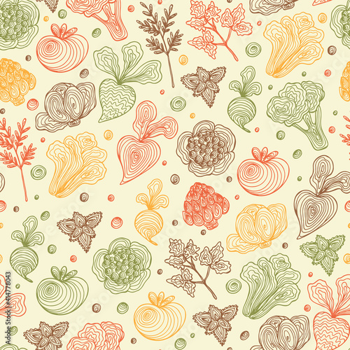 Hand Drawn Doodle Vegetables with spiral pattern Seamless background. Abstract striped different Retro color veggies.