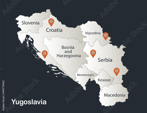 Yugoslavia map, Infographics flat design colors snow white, with names of individual regions vector