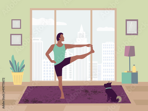 Man training yoga stay at home flat color vector