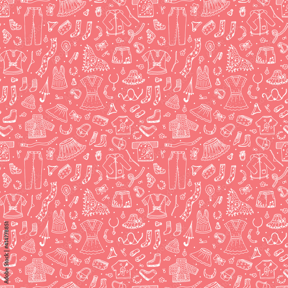 Spring and summer fashion clothes seamless pattern. Hand drawn doodle women clothing Vector background
Spring and summer fashion clothes seamless pattern. Hand drawn doodle women clothing Vector background