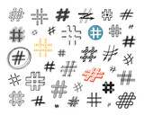 Doodle Hashtag Icons Set. Hand Drawn Hash Tag Symbols. Social Media Signs. Vector illustration
