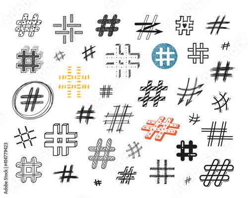 Doodle Hashtag Icons Set. Hand Drawn Hash Tag Symbols. Social Media Signs. Vector illustration
