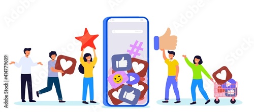 Like time Concept of referral marketing Refer a friend loyalty program Promotion method People liking social media posts on a smartphone and influencer earning with engaging marketing strategies