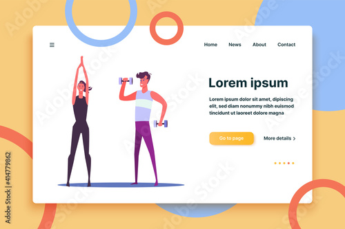 Sporty people doing physical exercises. Smiling woman stretching her arms up and man with dumbbells flat vector illustration. Sport and healthy lifestyle concepts for banner, website, landing page