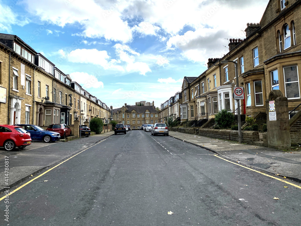 View along, Great Horton Road, with Victorian houses, on an autumn day in, Bradford, Yorkshire, UK