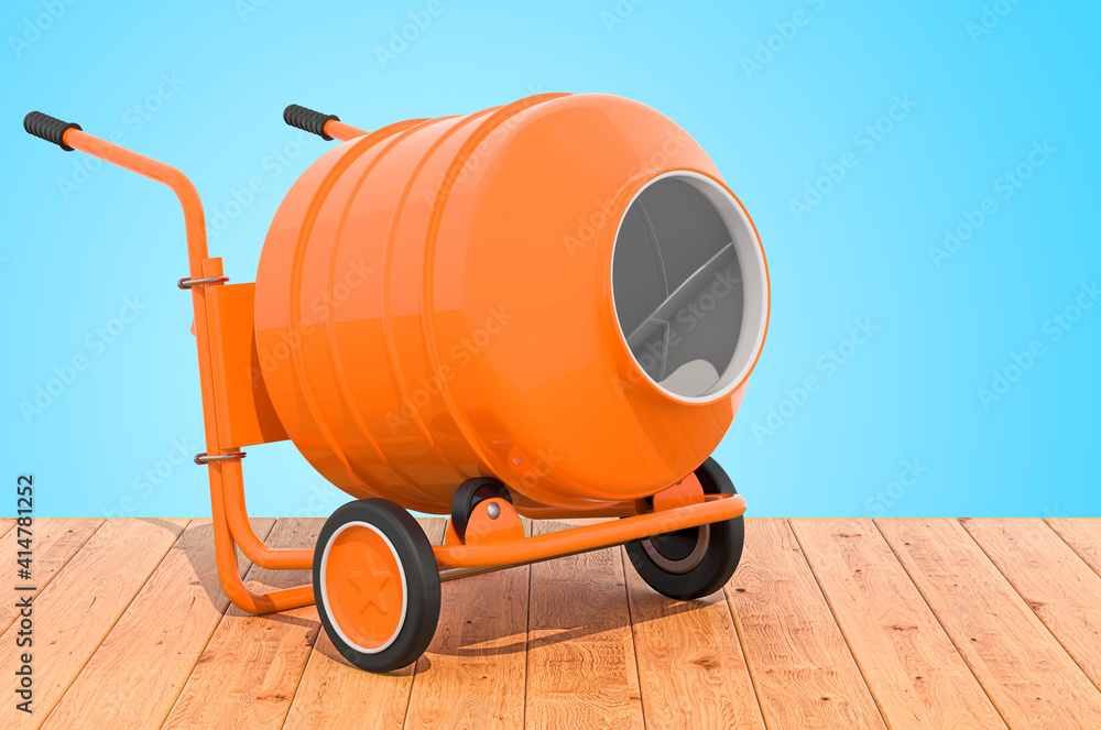 Cement Mixer on the wooden planks, 3D rendering Cement Mixer on the wooden planks, 3D rendering