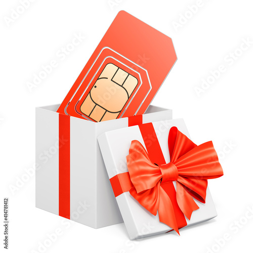 Plakat SIM card inside gift box, present concept. 3D rendering