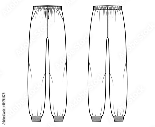 Sweatpants technical fashion illustration with elastic cuffs, low waist, rise, full length, drawstrings. Flat training trousers apparel template front, back, white color. Women men unisex CAD mockup