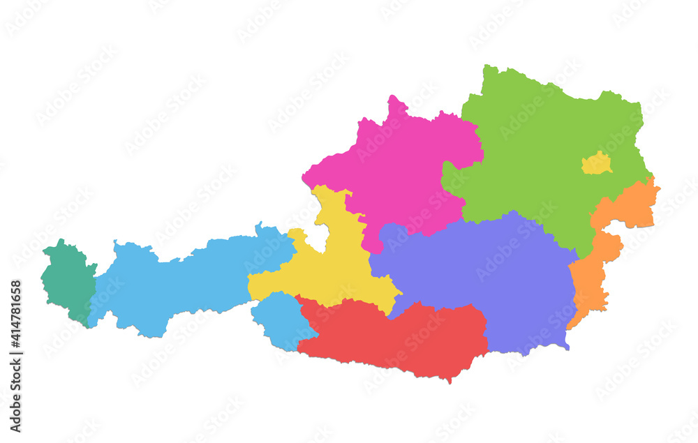 Austria map, administrative division, separate individual states with state names, color map isolated on white background blank Austria map, administrative division, separate individual states with state names, color map isolated on white background blank