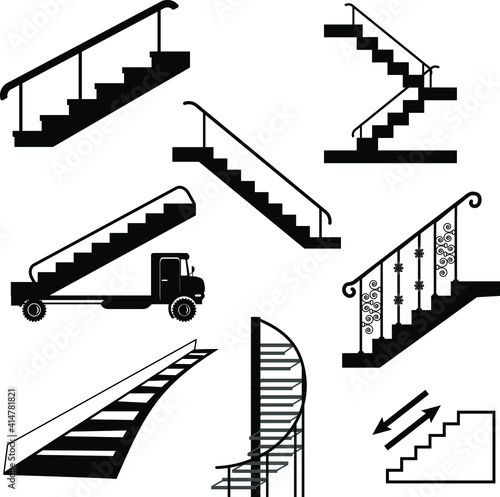 Stairs of types , straight, spiral, in the house, in the subway vector illustration