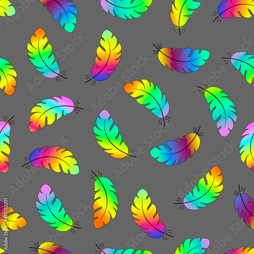 Multicolored feathers on a gray background seamless pattern.Vector illustration. © Galactica