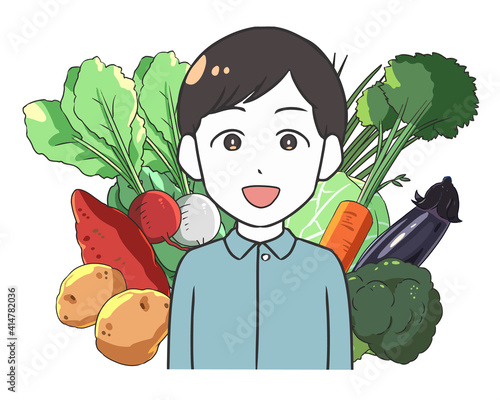 野菜をバックにした男性