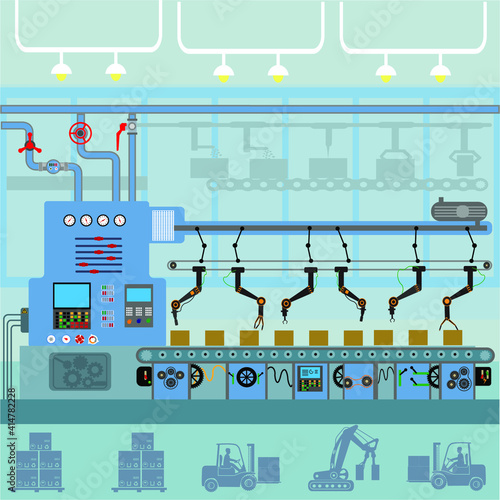 Industrial machine for the production of ideas ,concepts.Factory construction equipment, engineering vector flat illustration.