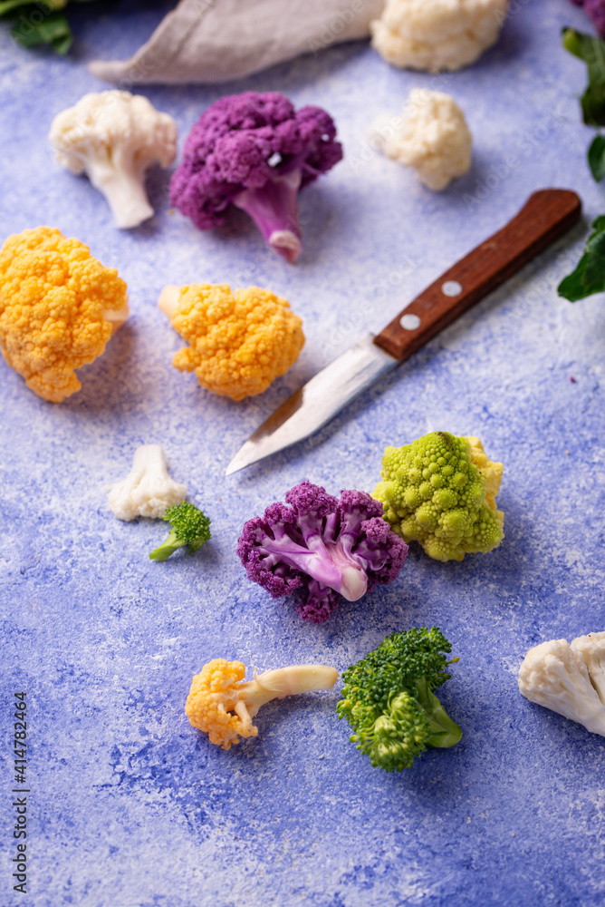 Purple, yellow, white and green color cauliflowers Purple, yellow, white and green color cauliflowers