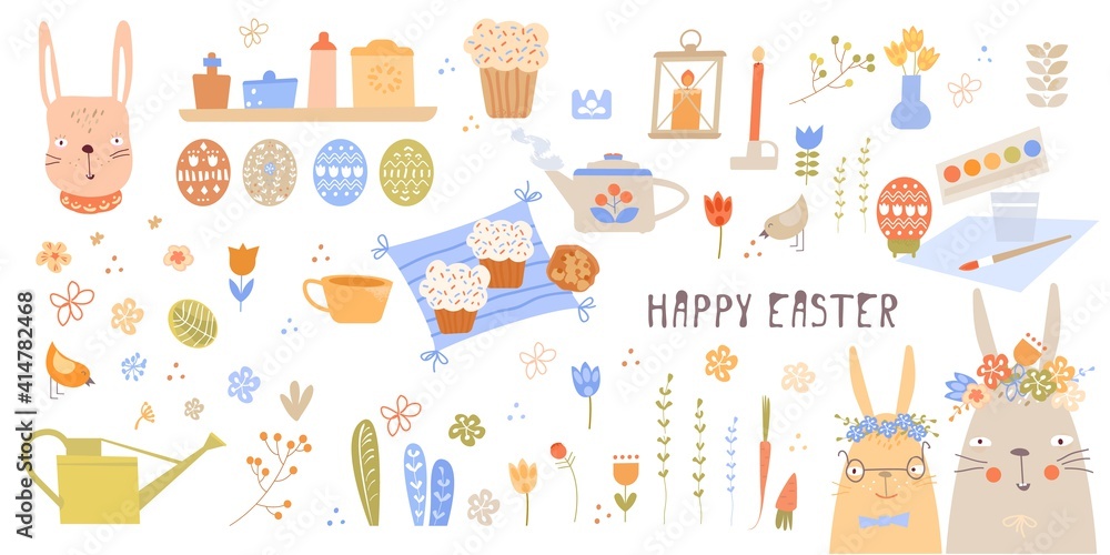 Vector Easter set with cute bunnies, chickens and eggs in cartoon style. Easter eggs. Kids illustration Vector Easter set with cute bunnies, chickens and eggs in cartoon style. Easter eggs. Kids illustration