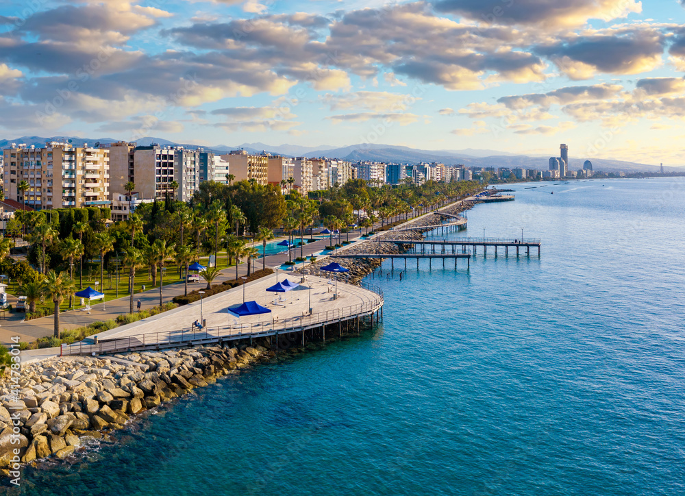 Republic of Cyprus. Limassol. The Seafront Of Limassol. The mediterranean coast. Tourist area with hotels. Panorama of Cyprus on a Sunny day. Rest on the Mediterranean.