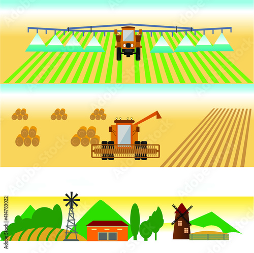 Fototapeta Naklejka Na Ścianę i Meble -  Illustration of the process of growing and harvesting crops. Equipment for agriculture. Vector set of agricultural vehicles and farm machines. Tractors, harvesters, combines.