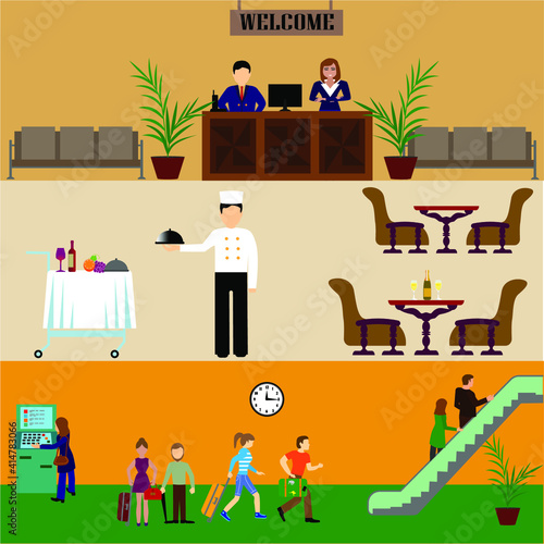 Flat vector design elements of hotel service set-reception, reservation, morning call, cleaning,concierge and shuttle bus for web and mobile application.