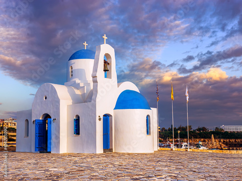 Republic of Cyprus. Protaras. The Church of St. Nicholas in Protaras. Orthodox temple Agios Nikolaos on the seaside. Paralimni. Shrines Of Cyprus. Travel sightseeing in Cyprus.