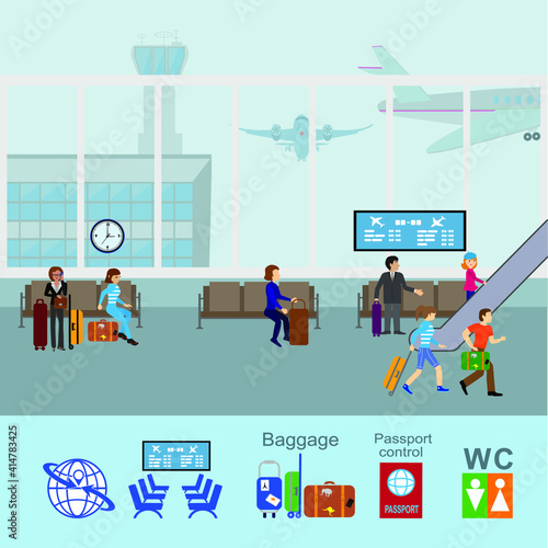 People at airport vector travel activities.  vector interior of airport check-in, waiting hall, Security gates, ticket office, baggage caro.