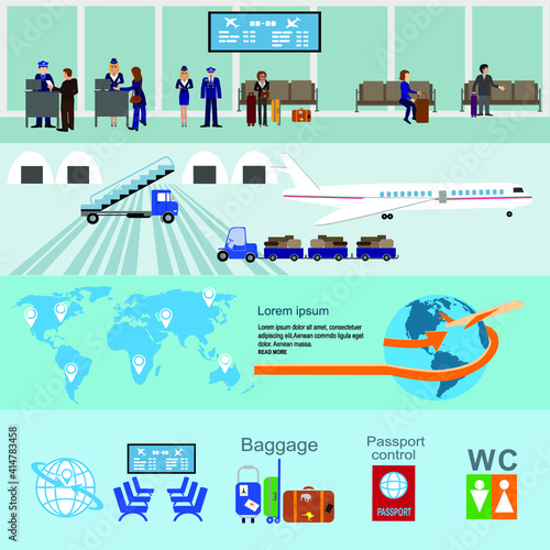 People at airport vector travel activities.  vector interior of airport check-in, waiting hall, Security gates, ticket office, baggage caro.
