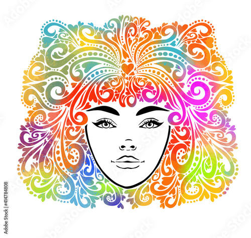 The stylized face of a beautiful girl full-face. T-shirt printing. Mixed media. Vector illustration