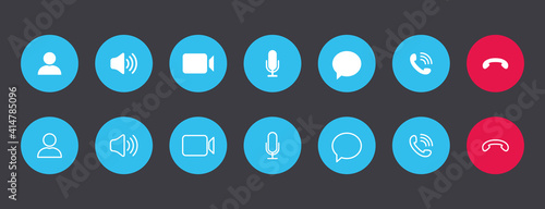 Set of video call icons. Collections white buttons for online video conference on blue circle. Vector