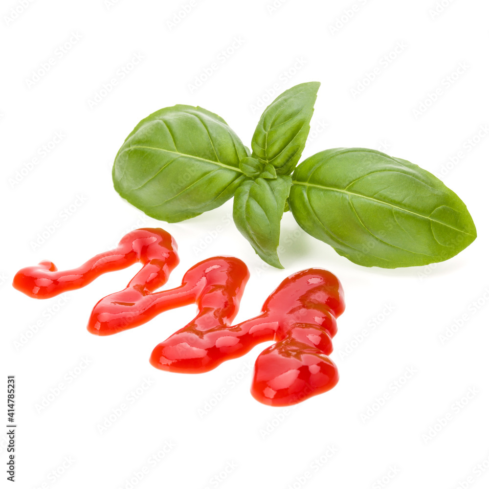 Tomato sauce, ketchup with basil leaf isolated on white background Tomato sauce, ketchup with basil leaf isolated on white background