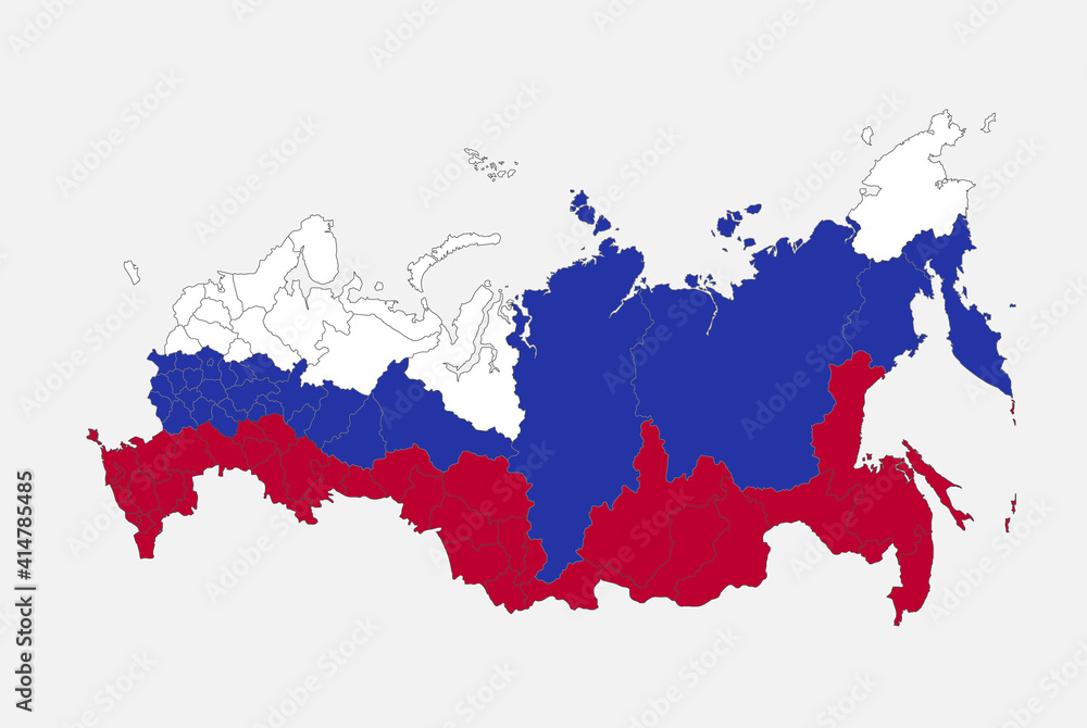 Map of the Russia in the colors of the flag with administrative divisions blank
