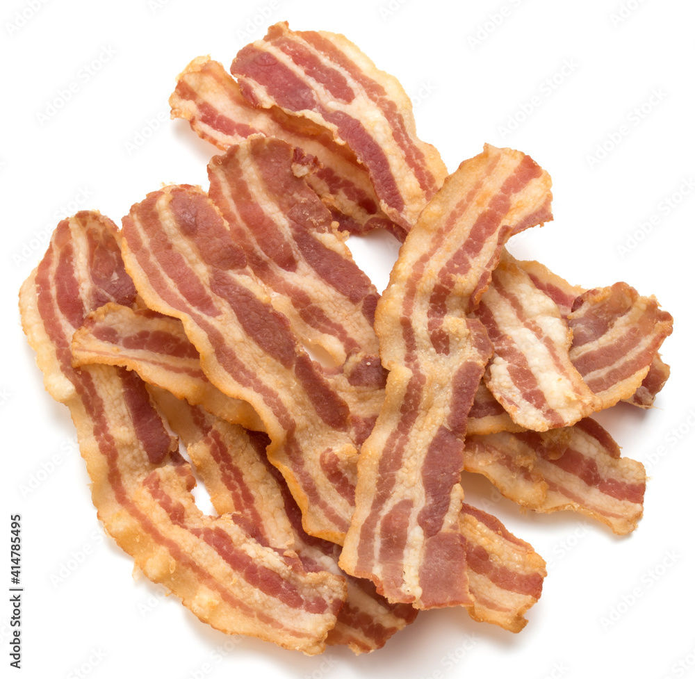 Fototapeta premium cooked crispy slices of bacon isolated on white background