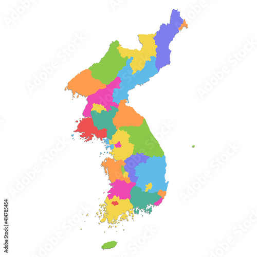 Korea map  north and south administrative division  color map isolated on white background blank