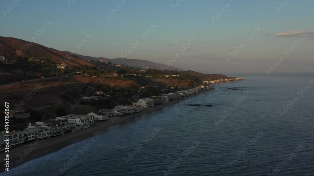 Flying on the drone above the beach in Los Angeles, California at sunse Flying on the drone above the beach in Los Angeles, California at sunse