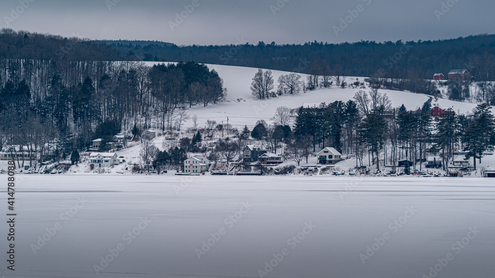 A snow covered town off the banks of the Otsego lake in Cooperstown, New York. 