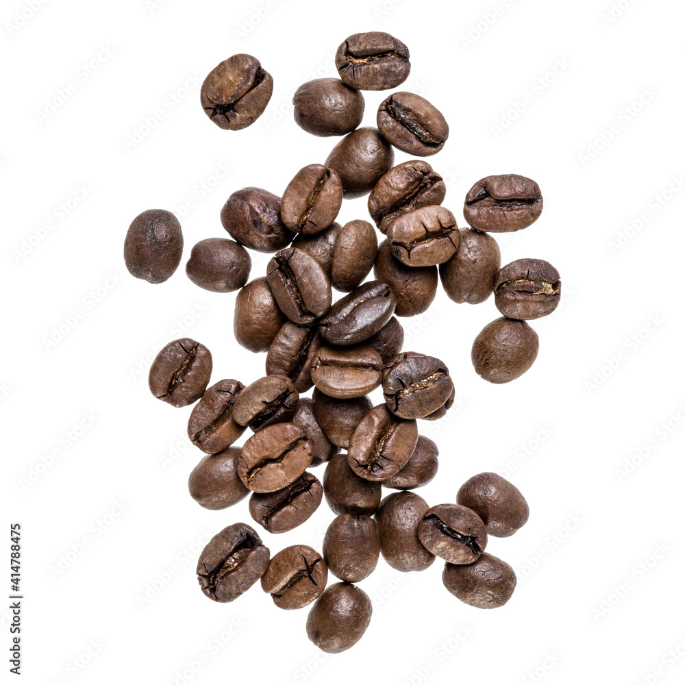 Naklejka premium Coffee beans isolated on white background. Top view. Flat lay. Coffee beans flow in air, without shadow.