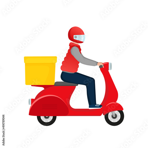 Fast delivery in flat style. Food delivery service. The courier rides a motorbike with the goods.